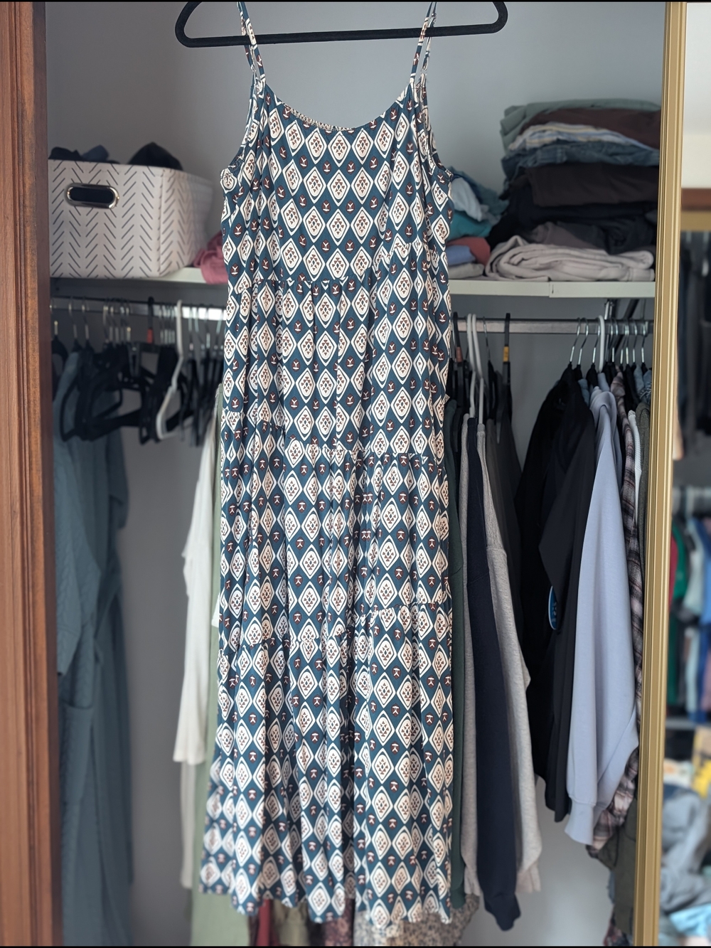 Spaghetti Strap Maxi Dress in Teal Diamond Print